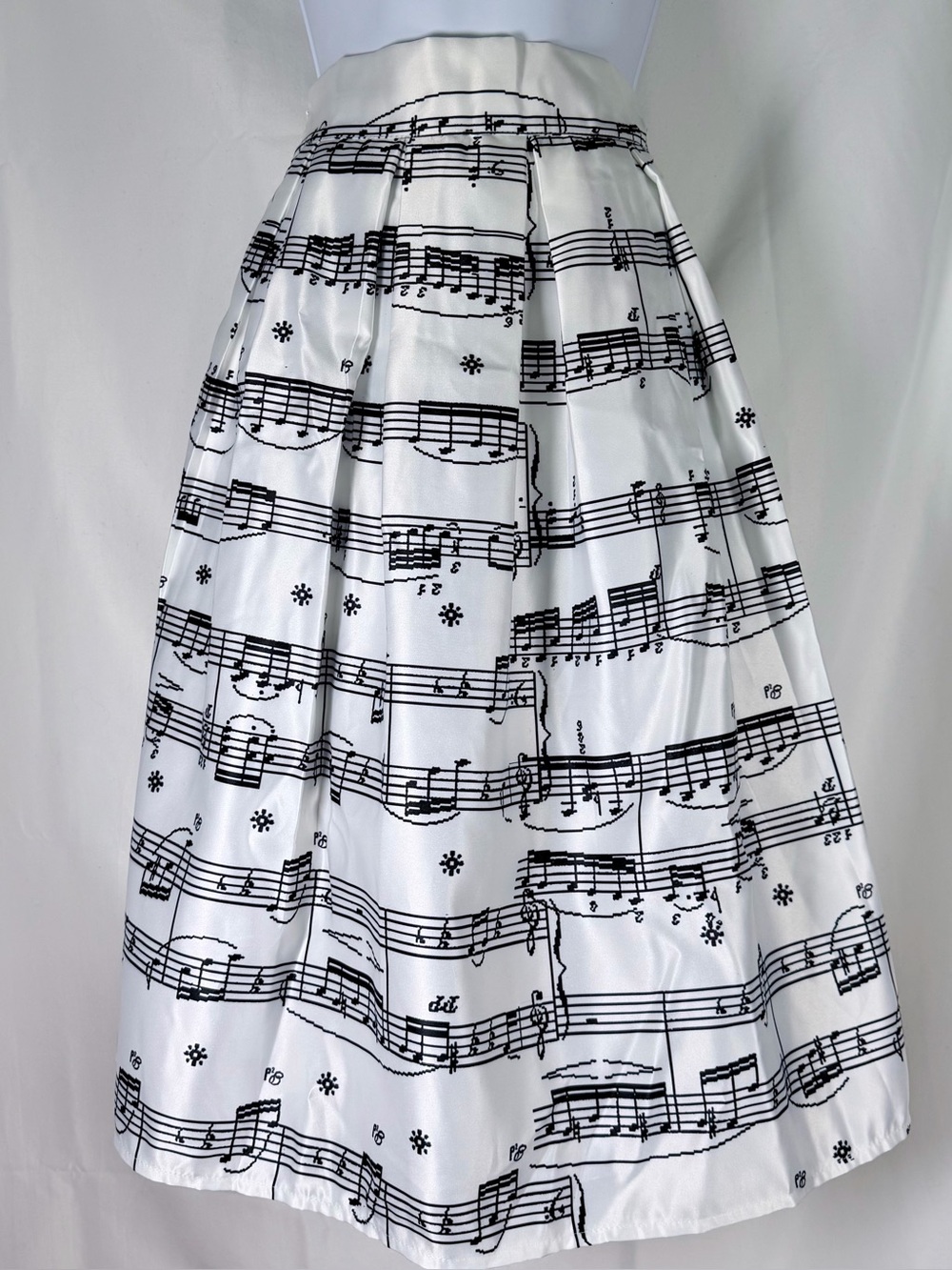 Music Note Print Pleated Midi Skirt White Black Satin Elastic Waist Retro - S - Picture 5 of 5